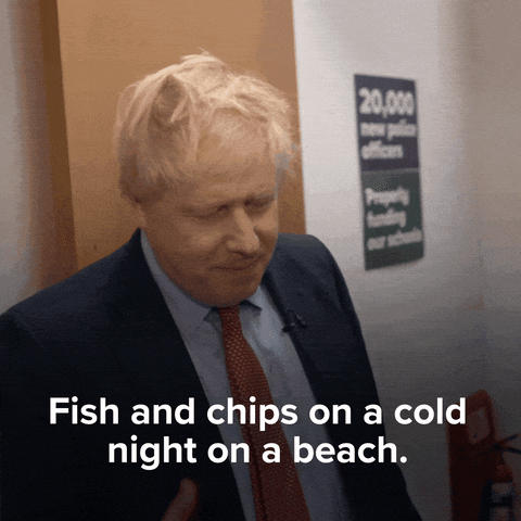 Boris Johnson saying he loves fish and chips on a beach