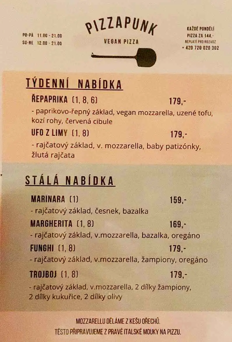 Pizza Punk vegan pizza menu in Brno