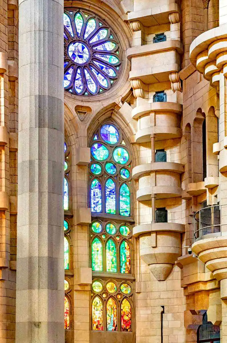 Balconies and stained glass windows inside Sagrada Familia