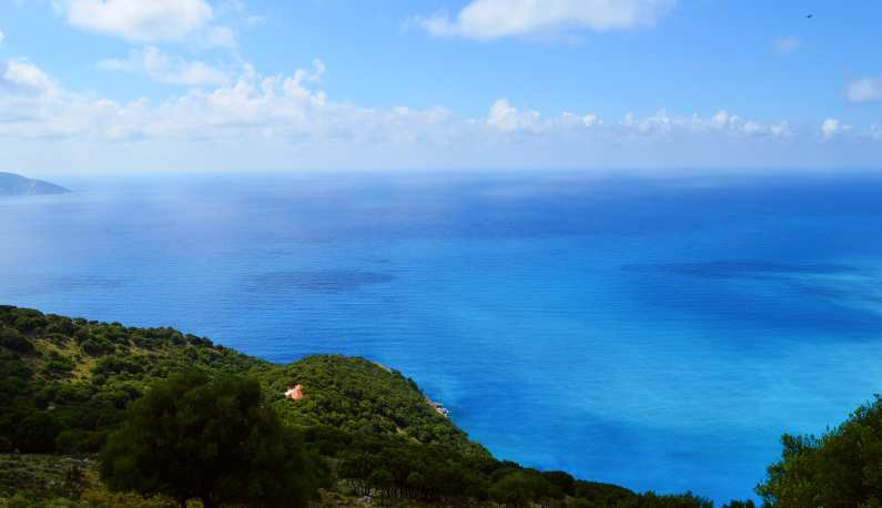 Blue ocean and sky view from Myrtos Beach in Kefalonia 