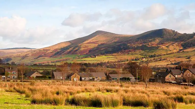 Peaks of Mam Tor from Edale Village with houses in the foreground