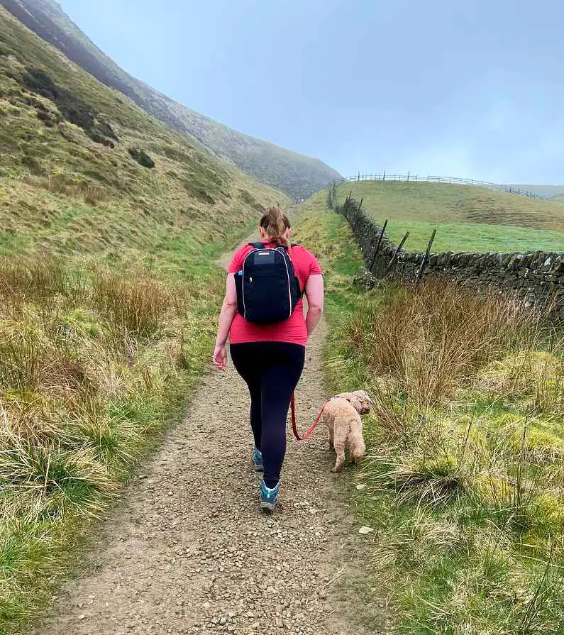 Mel wearing a Travel Hack backpack and red t-shirt walking up a stoney path on the way up to Mam Tor walking with her blonde cockapoo dog Lilly