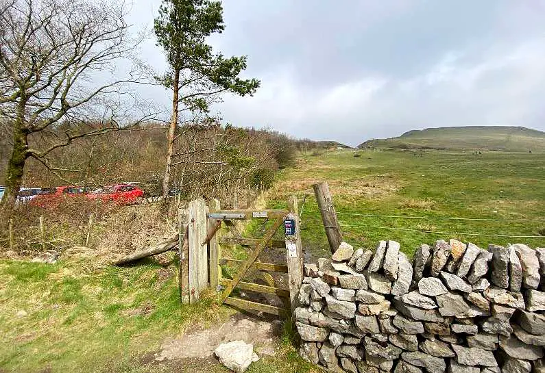 National Trust car park wooden gate to the path to Mam Tor