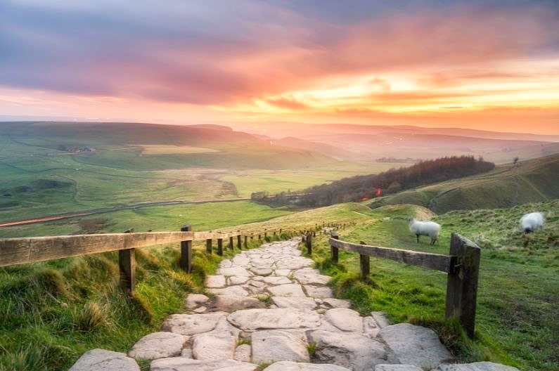 The stone path on the way back down from the summit of Mam Tor with sheep in the background and a red sunset
