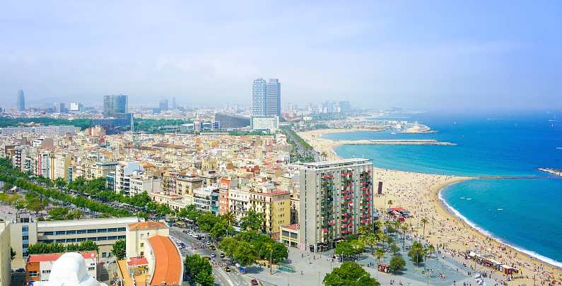 View of Barcelonetta Beach and buildings from the Barcelona cable cars