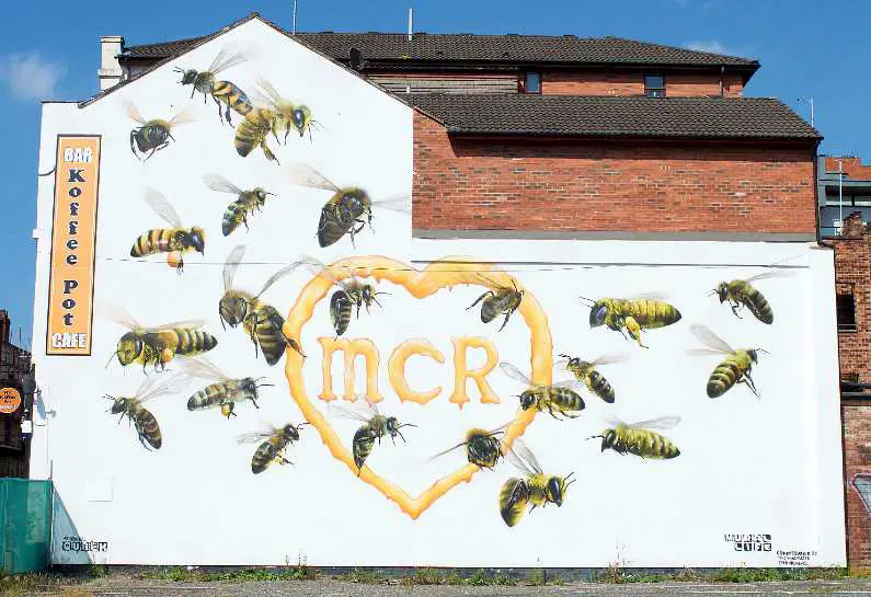 Bee street art on a wall in the Northern Quarter in Manchester 