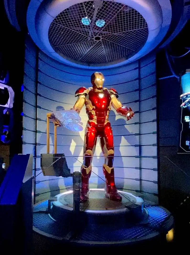 Life-size Ironman inside the Avengers Flight Force ride at Disneyland Paris