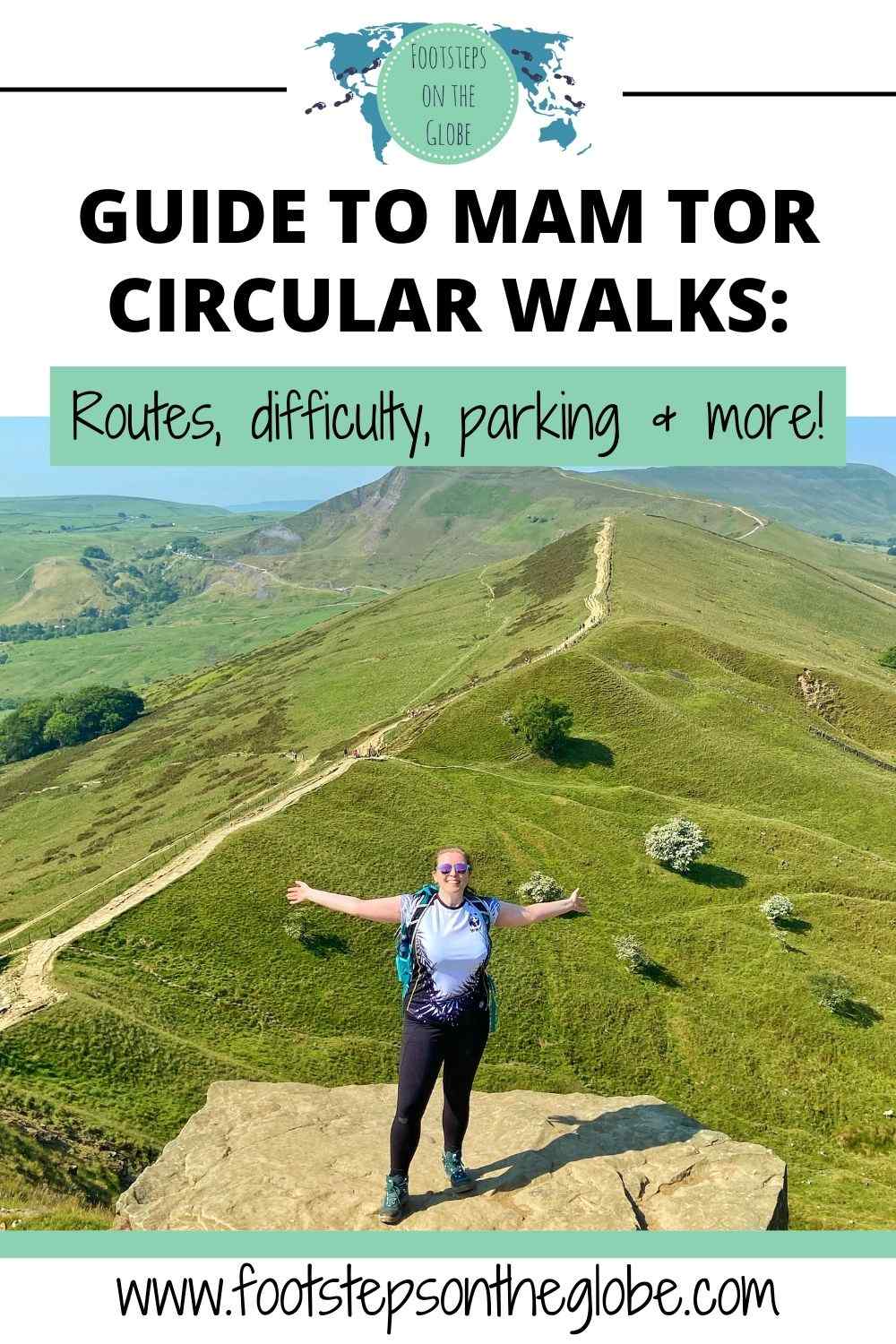Pinterest image of Mel on the Mam Tor Circular with the text: "Guide to Mam Tor Circular Walks: Routes, difficulty, parking & more!"