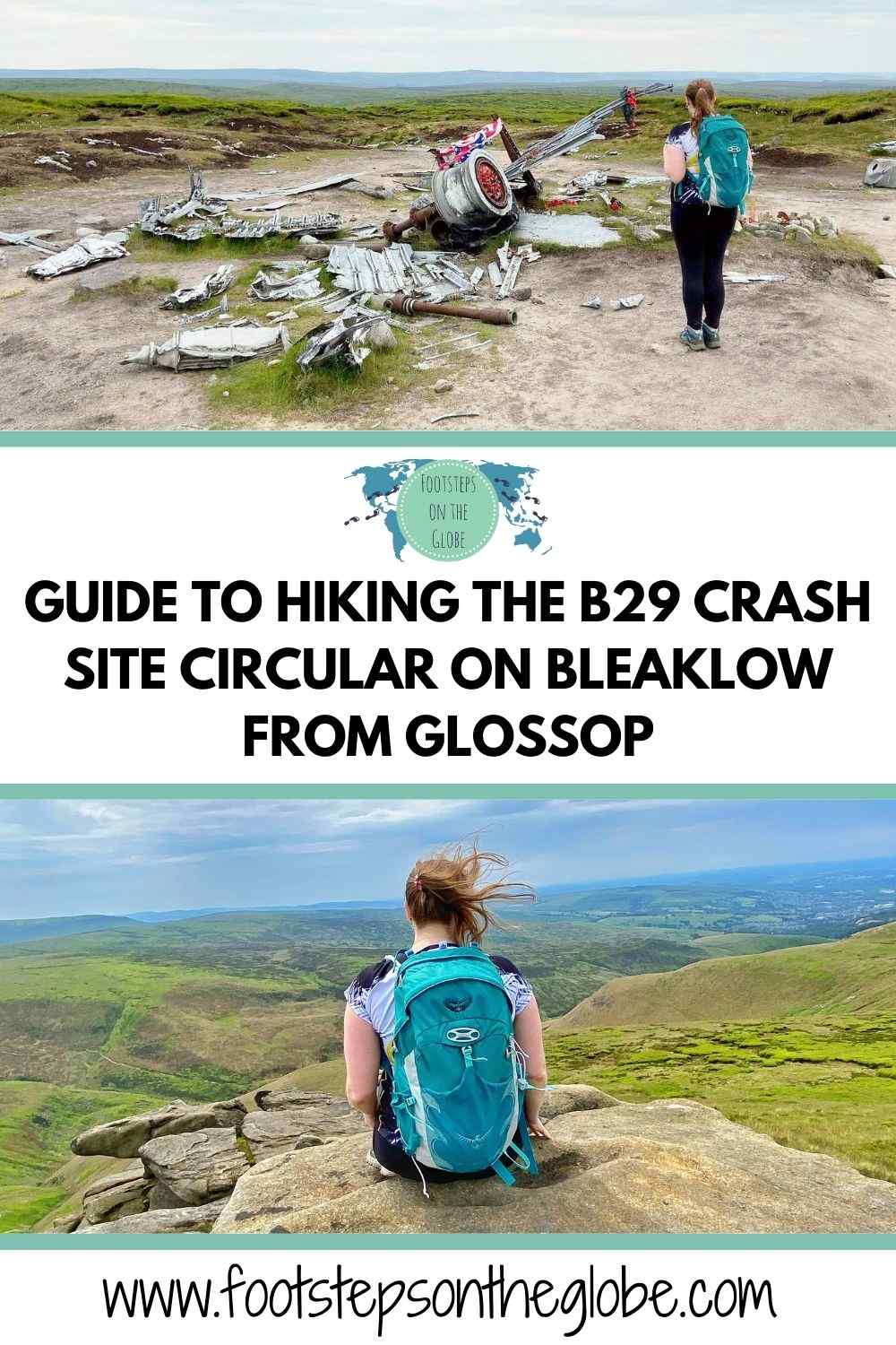 Pinterest image of Mel looking over the Glossop Valley and B29 crash site with the text: "Guide to hiking the B29 crash site circular on Bleaklow from Glossop"