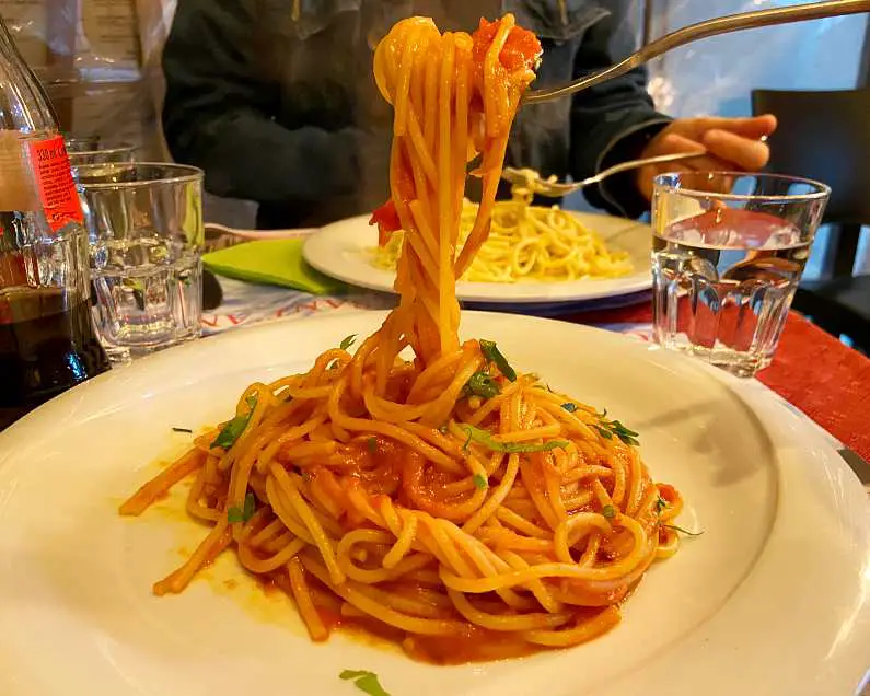 Vegan tomato spaghetti with basil garnish