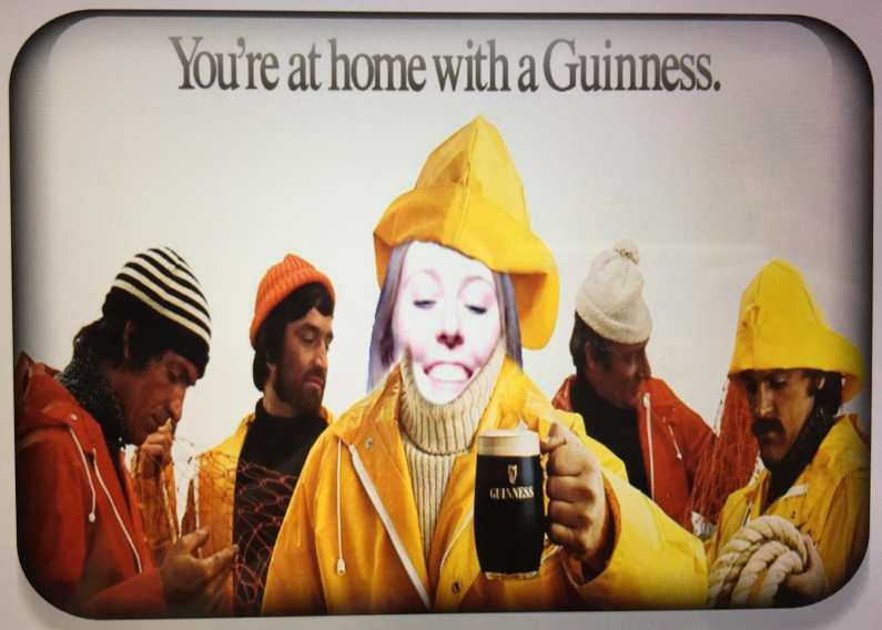 Mel in the Guinness Storehouse photo booth with her face superimposed on an old fisherman Guinness advertising campaign