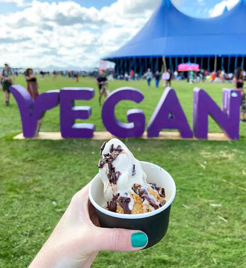 Mel's hand holding up a scoop of soft serve ice cream and cookie dough in front of the purple "VEGAN" sign at Vegan Camp Out