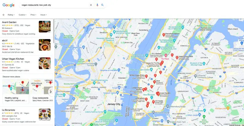 Google search results for vegan restaurants in New York City with a map pinning all the restaurant locations