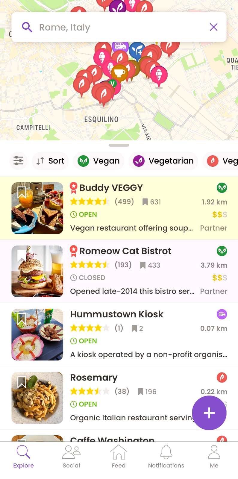 Home screen of the Happy Cow app showing a list of vegan restaurant recommendations and a map above them showing all the locations