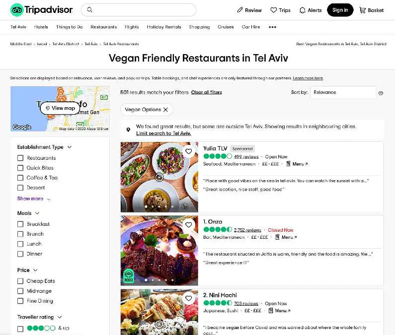 Trip Advisor search for vegan friendly restaurants in Tel Aviv web page with lists of restaurants and reviews next to them