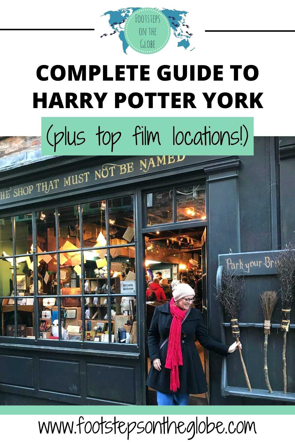 Pinterest image of Mel wearing a pink wooly hat, black coat and red scarf, grabbing a groom outside the "The Shop That Must Not Be Named" in York with the text: "Complete Guide to Harry Potter York (plus top film locations!)"