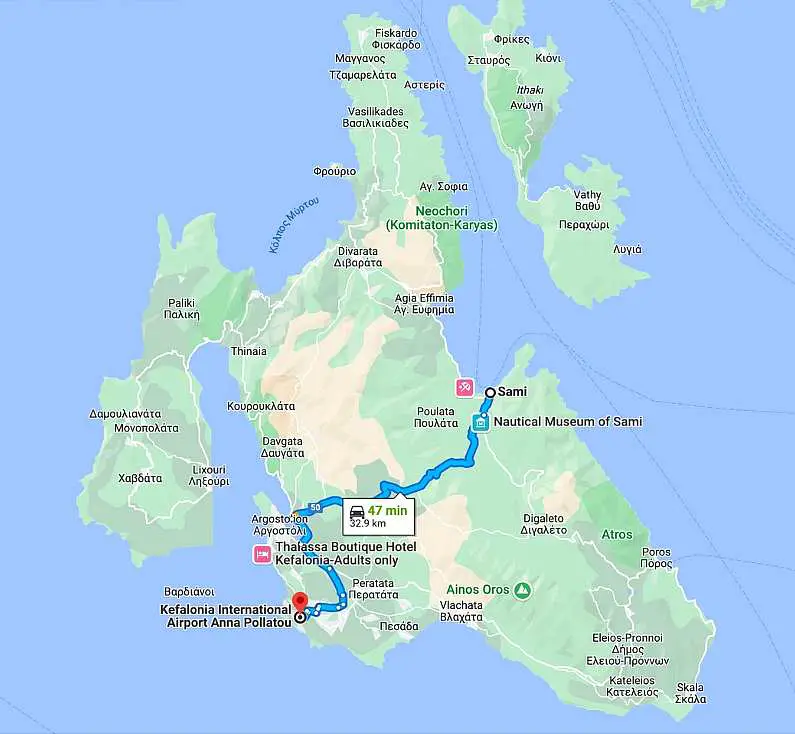Google map of Kefalonia with a driving route from Kefalonia Airport to Sami