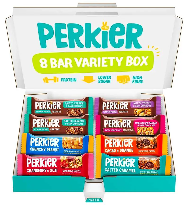 Open box with colourful snack bars in two rows
