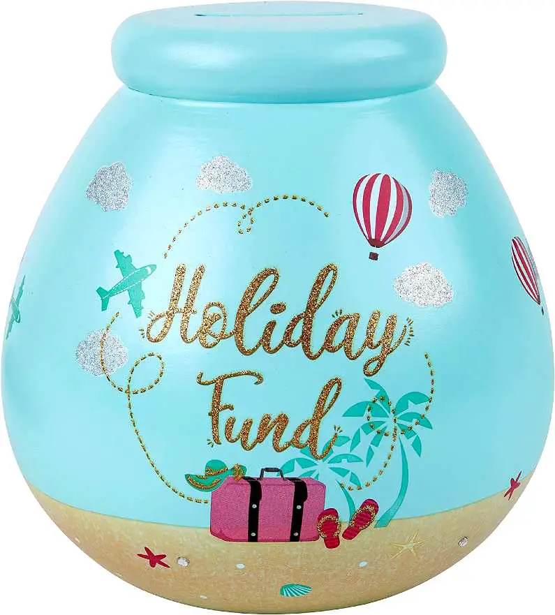 Blue Holiday Money pot with glitter letters and images of suitcases and planes