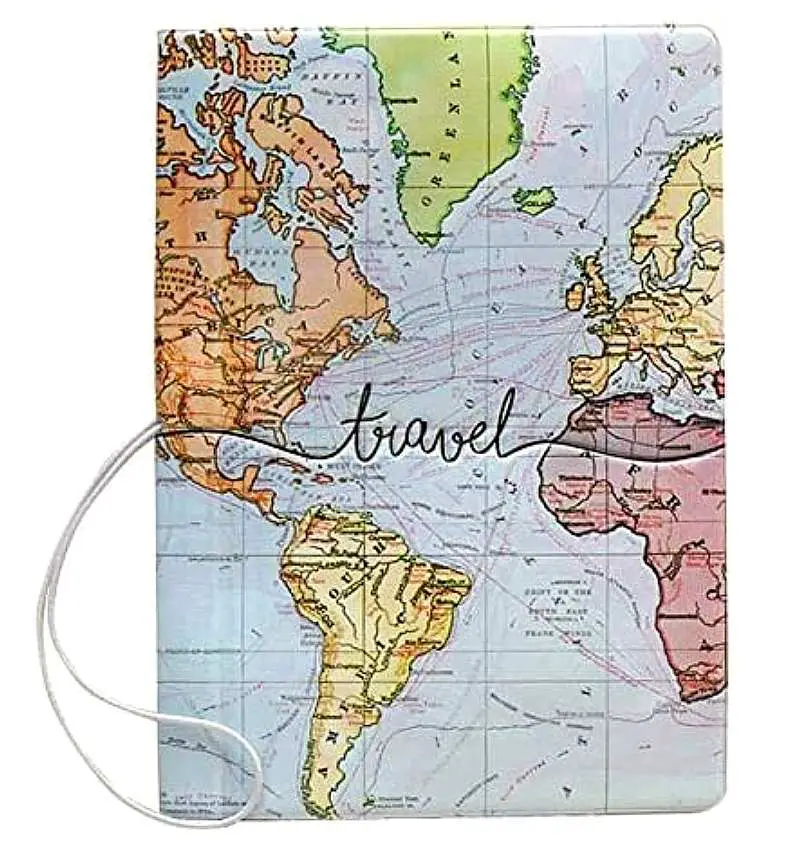 Map passport cover with the world "travel" on it 