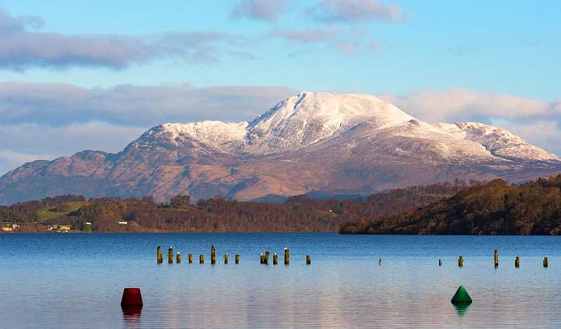 Snow topped Ben Nevis in front of a Lake