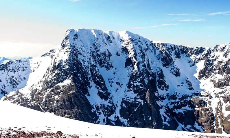 The side of Ben Nevis's peak covered in snow