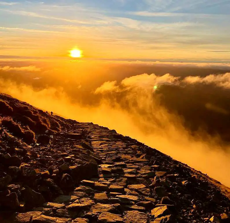 Sunset over the path leading to the summit of Ben Nevis